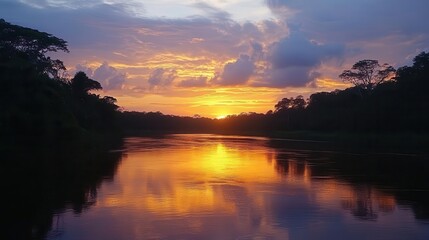 Obraz premium serene sunset over a tranquil river, reflecting vibrant hues of orange and purple in the water, framed by lush trees and soft clouds, creating a breathtaking natural landscape