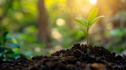 Sunrise Sapling: A delicate seedling emerges from rich soil, bathed in the warm glow of morning sunlight, symbolizing new growth and potential. 