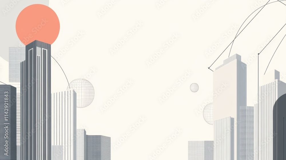 Poster abstract architectural skyline with geometric shapes and a large orange circle on a light background
