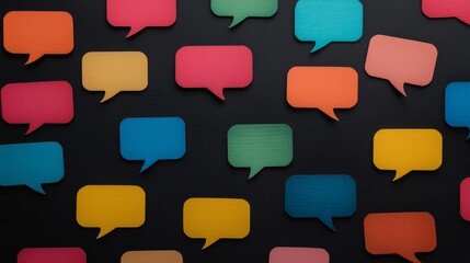 A colorful collage of speech bubbles on a dark background, symbolizing communication and conversation.