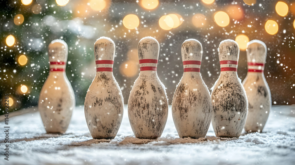 Poster a row of bowling pins are on a table with a snowy background -