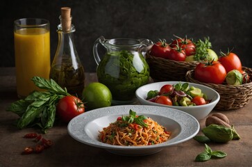 Fresh pasta dish with a variety of colorful ingredients displayed