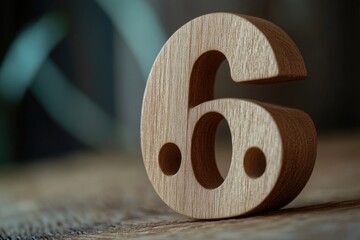 Close-up shot of a wooden number six on a table, suitable for use in designs where numerical details are important