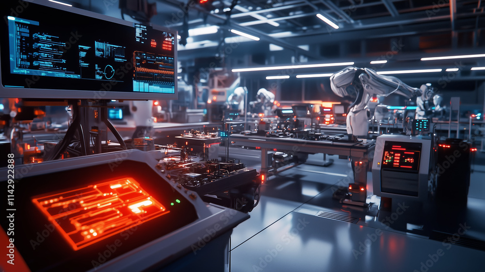 Poster advanced robotics assembly line showcasing automated systems in a high-tech manufacturing facility