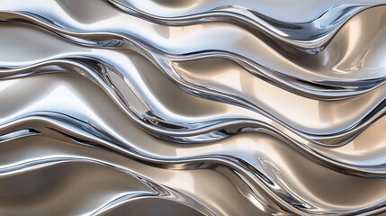 shimmering chrome metal waves create a futuristic background, reflecting light and shadows in sleek curves, exuding a sense of modernity and innovation in design