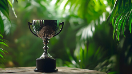 A sleek trophy on a wooden table with a lush green background, symbolizing achievement  -