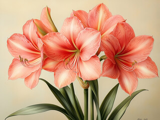 Fototapeta premium Amaryllis Josephinae illustrated in vintage botanical style showing vibrant pink blooms