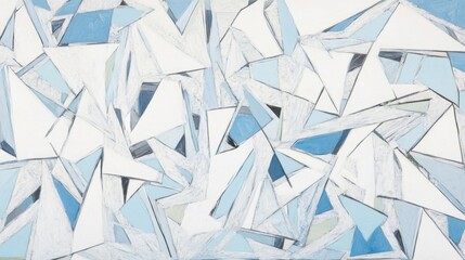 Fototapeta premium Intricate, geometric shards of frosted ice and crystal in pale blue, white, and silver tones, resembling jagged frozen formations with sharp edges, abstract frost patterns, and crystalline texture