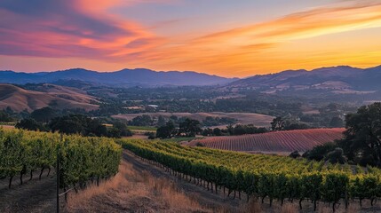 Naklejka premium sky filled with a spectrum of warm colors at sunset, blending oranges, pinks, and purples, creating a breathtaking canvas above a serene landscape