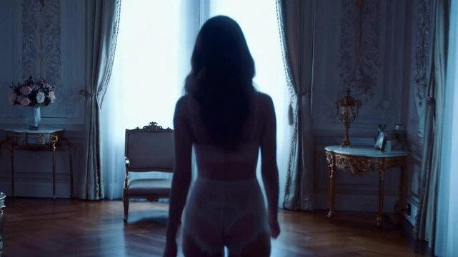 Young woman in white lace lingerie walking across a room, seen from behind