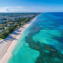 Drone shot of Seven Mile Beach, West Bay, and George Town in Grand Cayman.