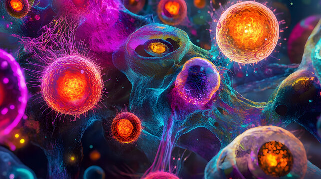 A surreal depiction of glowing cells in vibrant colors, offering a glimpse into microscopic wonder  -