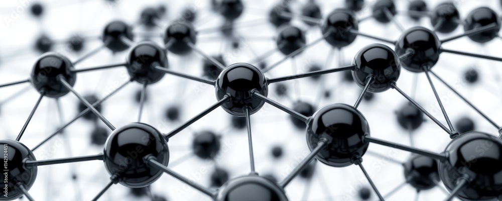 Poster abstract image shows network nodes connecting to form complex communication structure. black spheres