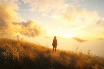 A person stands at the top of a grassy hill, with a scenic view in the background