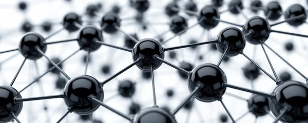 Abstract image shows network nodes connecting to form complex communication structure. Black spheres represent nodes, dark lines connections. Futuristic digital design suggests tech innovation,