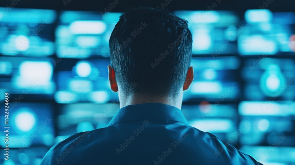 Aufkleber man viewed from behind monitoring multiple blue screens in a control room. surveillance technology a