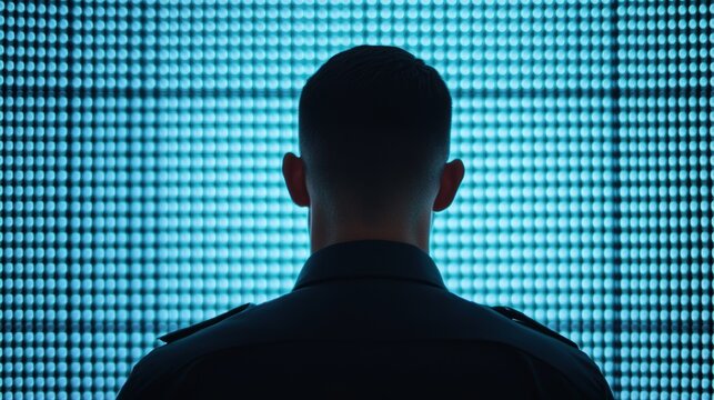 Rear view of man standing in front of illuminated blue LED grid wall. Futuristic technology and digital interface concept.