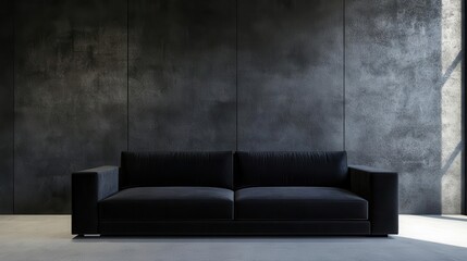 sleek modern luxury living room featuring a stylish black sofa against a dark concrete wall, with minimalistic decor that creates a chic and inviting atmosphere for relaxation