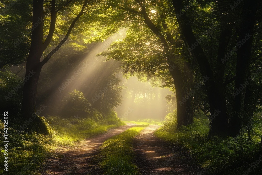 Poster a warm and peaceful scene of sunlight shining through the trees in a dense forest, perfect for use a