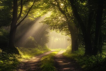 Obraz premium A warm and peaceful scene of sunlight shining through the trees in a dense forest, perfect for use as a background or to add a sense of tranquility to your project