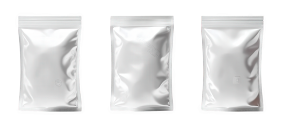 three blank white stand-up pouches with zipper closure on a transparent background the pouches have a slight crinkle effect. and are made from a reflective. shiny material they are ready for your logo