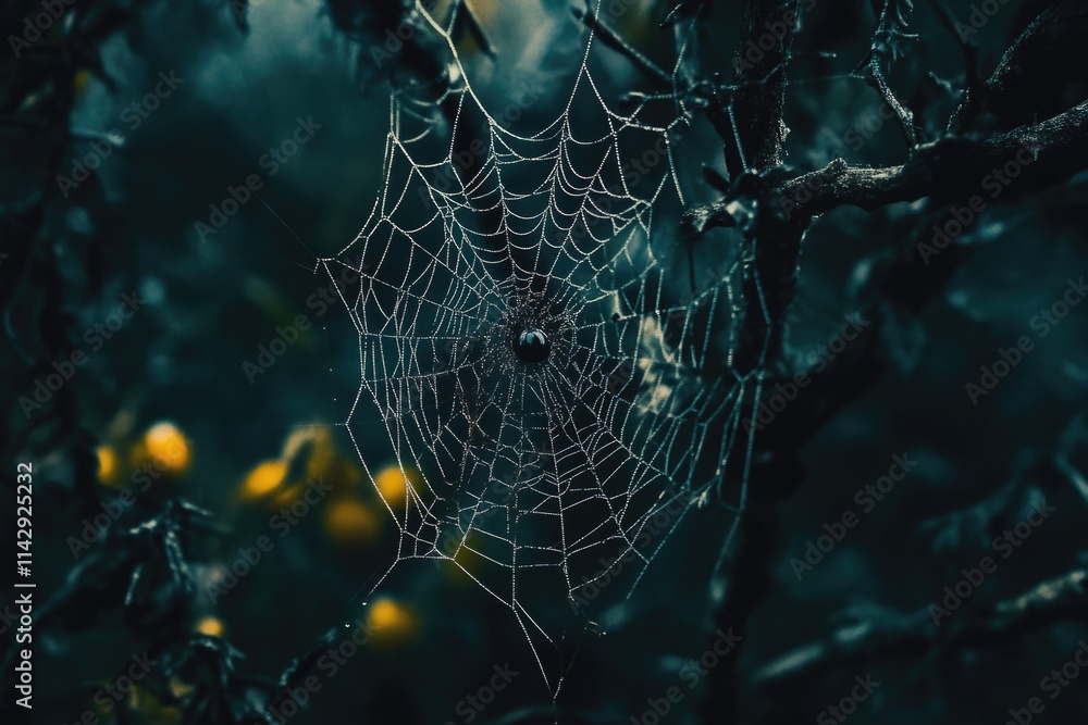 Poster A spider web hangs from a tree branch, surrounded by foliage