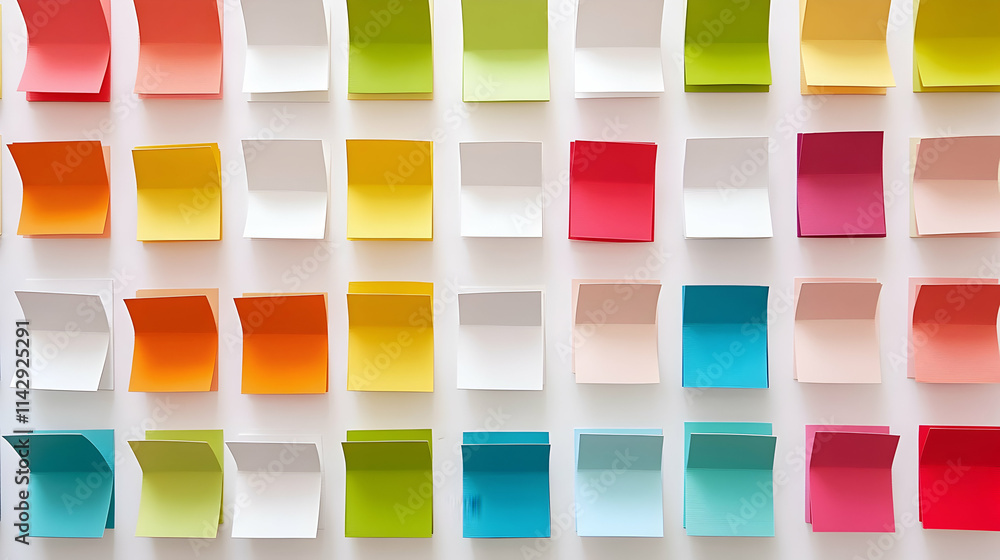 Poster a white background with colorful sticky notes arranged in rows -