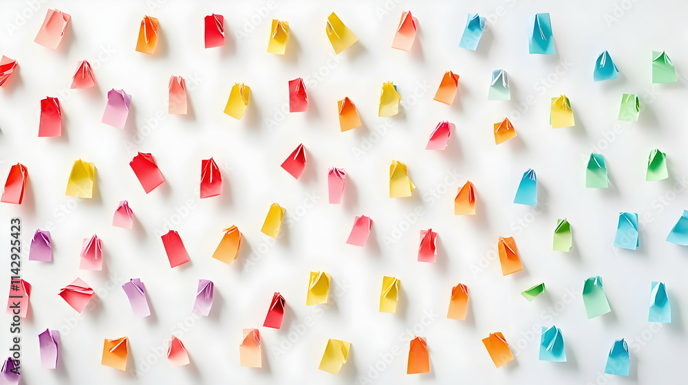 Poster a white background with colorful sticky notes arranged in rows -