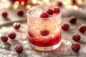A refreshing beverage with cranberries and ice cubes on a wooden table, great for a snack or party