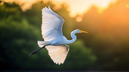 A white bird flying with its wings fully extended against a serene backdrop  -