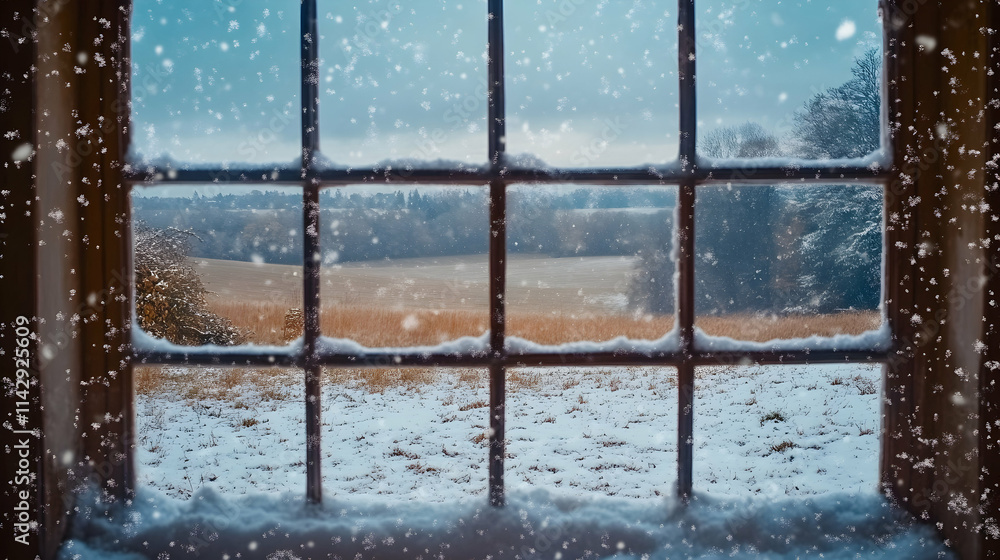 Poster a window with snow falling outside and a view of a snowy field -