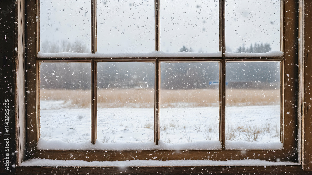Poster a window with snow falling outside and a view of a snowy field -