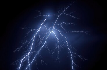 Fototapeta premium Massive lightning bolt branches illuminates dark night sky. Powerful energy display. Dramatic weather phenomenon. Stunning visual effect. Perfect for nature themed design. Evokes feeling of power.