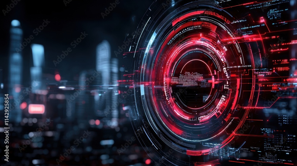 Poster futuristic digital interface with red and blue glowing elements on dark background