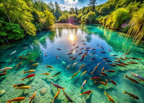 Stunning Aerial Drone Shot: Bummalo Fish Pond, Aquatic Life, Drone Photography, Nature, Wildlife, Aerial View, High Angle, Bird's Eye View, Overhead Shot, Water Reflection, Calm Water, 