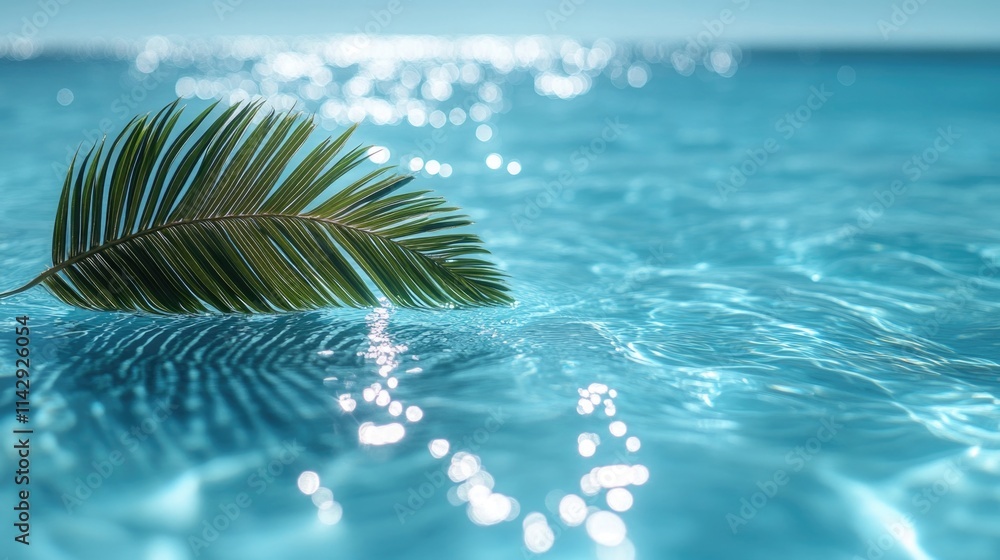 Poster a palm leaf floating on the surface of a pool of water, serene and peaceful