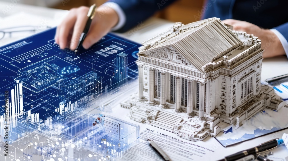 Aufkleber architect working on digital blueprint and white model of a classical building. modern architecture 