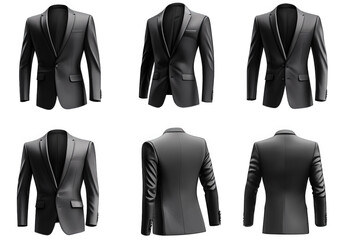 a black suit jacket mockup in six different views front. back. and side the suit jacket is a classic design with a single button closure