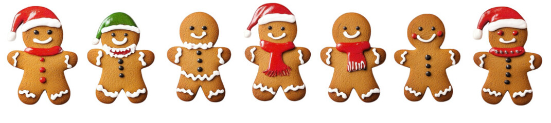 seven gingerbread men cookies in various christmas attire. including santa hats. scarves. and a green elf hat some gingerbread men have white frosting accents. while others have red buttons all ginger