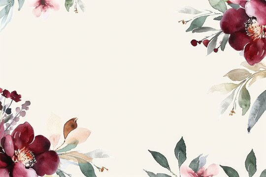 Bridal Invitation. Burgundy Floral Wedding Invitation Set with Watercolor Flowers and Greenery