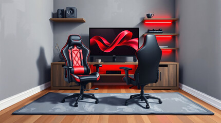 Stylish Gaming Chairs in a Low-Light Gaming Room, with LED Accents and a Modern, Tech-Savvy Vibe to Enhance the Gaming Atmosphere
