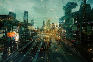 View of a city at night from a window, ideal for use in presentations and reports about urban development