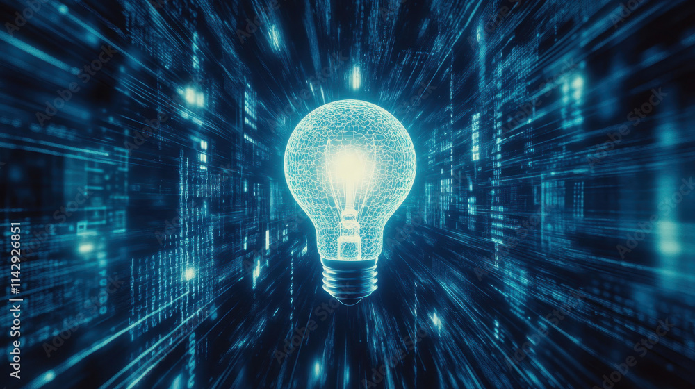 Poster a glowing light bulb radiates bright light amidst swirling digital patterns, creating a dynamic atmo
