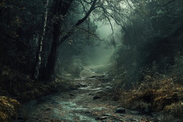 Obraz premium A dirt road winding through a dense forest