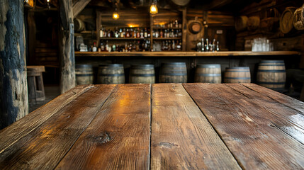 A wooden table with an old western saloon background. A rustic bar counter and wood barrels in the background  -