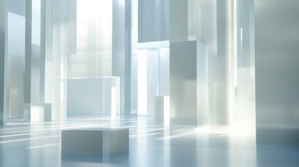Obraz premium Ethereal Abstract Environment with Transparent Geometric Shapes and Soft Light Creating a Dreamlike Atmosphere in a Minimalistic Interior Design Setting