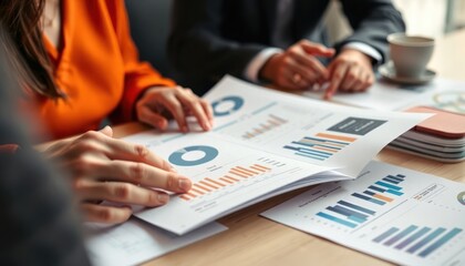 Business people review brand identity document in meeting room. Hands examining printed charts, graphs. Startup team discusses brand plan details. Collaboration key to success. Project development
