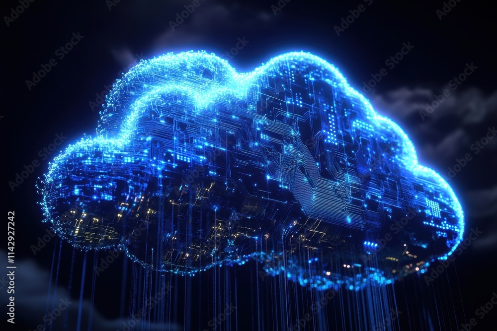 Poster 3d render of a cloud made from a glowing blue digital data stream, with a circuit board pattern on t