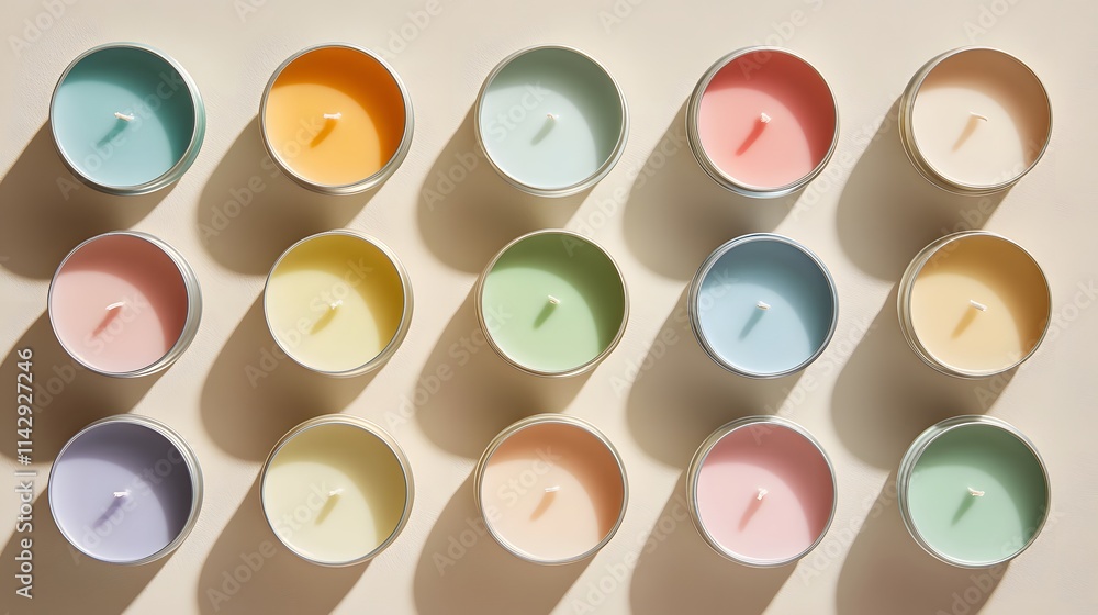 Poster multiple pastel color candle in small round metallic tin, aligned neatly with soft natural shadow, c