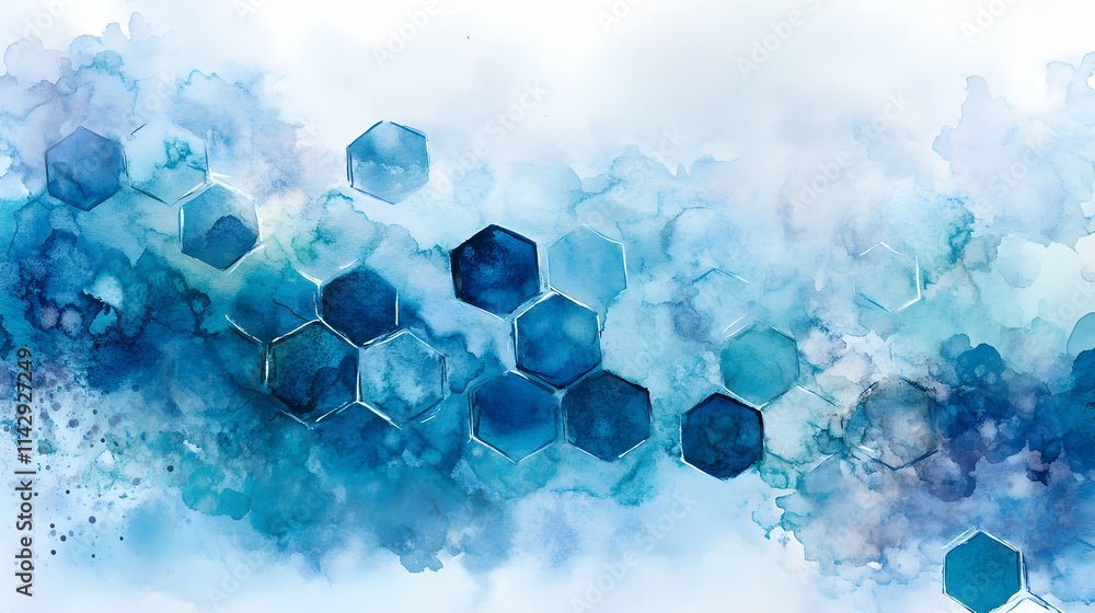 Poster abstract background with hexagonal shapes and watercolor-like spots, using a blue color palette -